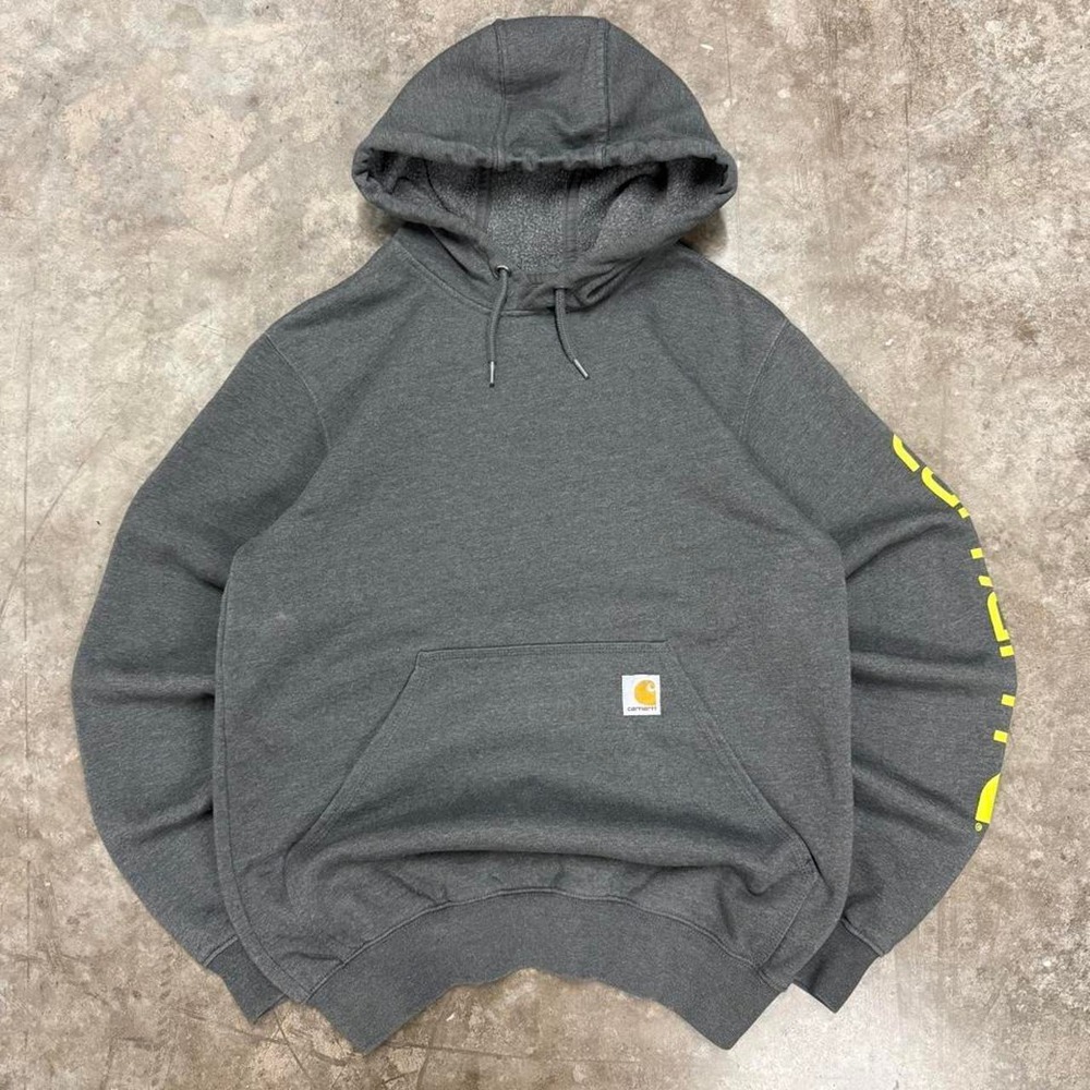 Carhartt Mens Heavyweight Loose Fit Hoodie Gray Neon Yellow Sleeve Logo S K288
